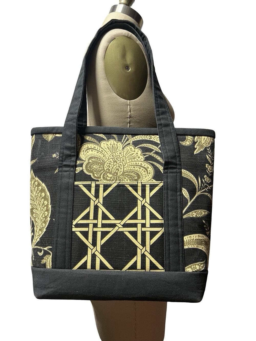 Handcrafted Handmade Black Floral Lattice Thick Cotton Tote Shopper Book Bag